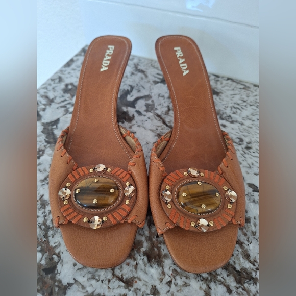 PRADA Brown 40/9.5 Leather Tiger Eye Stone Slide Sandals Kitten Heel Stitching - Picture 1 of 10